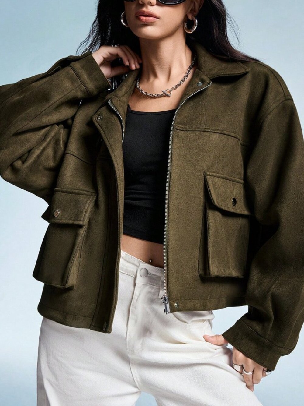 Army Green Casual Women's Suede Lapel Symmetrical Pocket Jacket - Picture 4 of 6